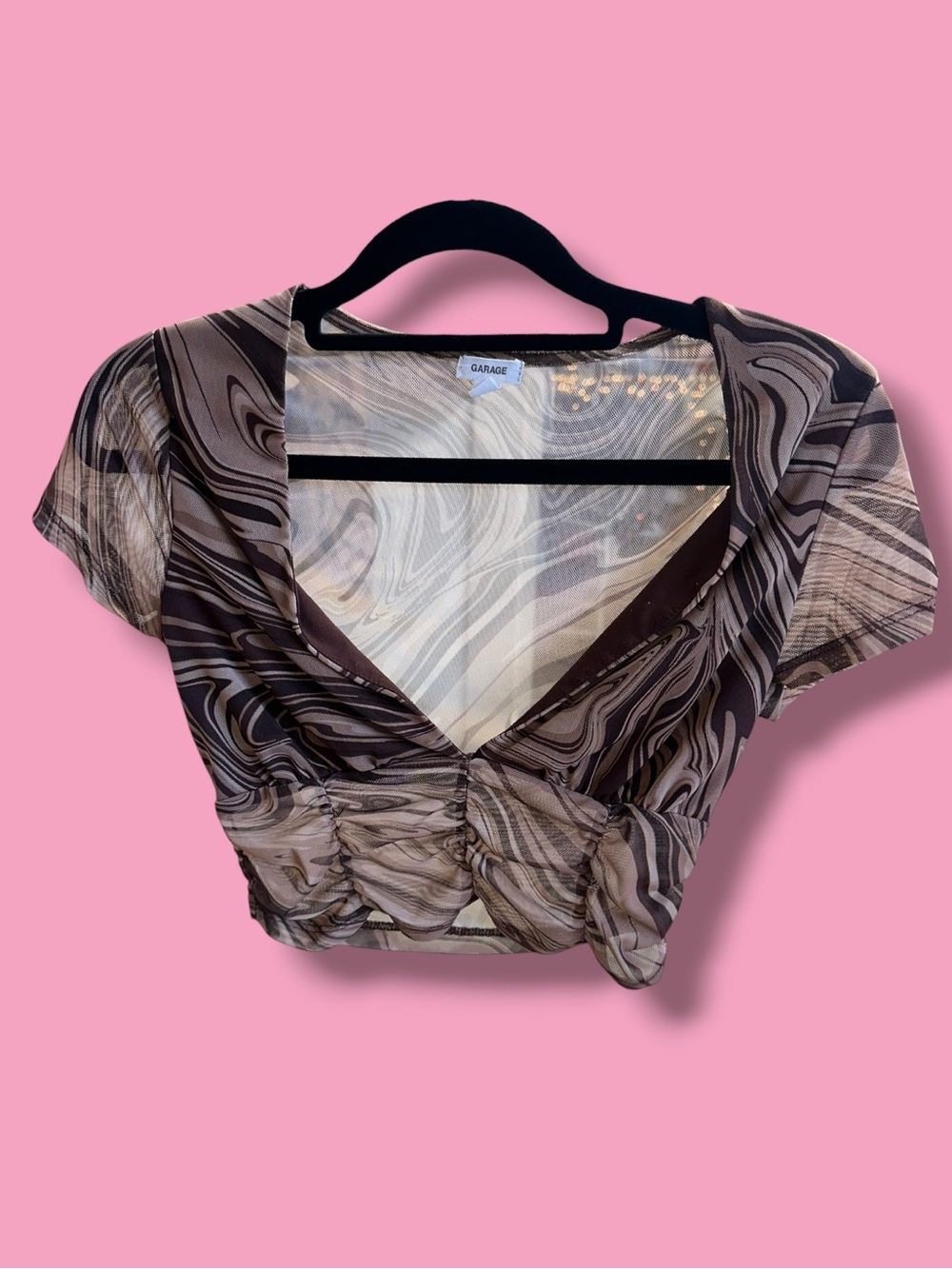 Garage Brown Marble-Print Ruched V-Neck Crop Top